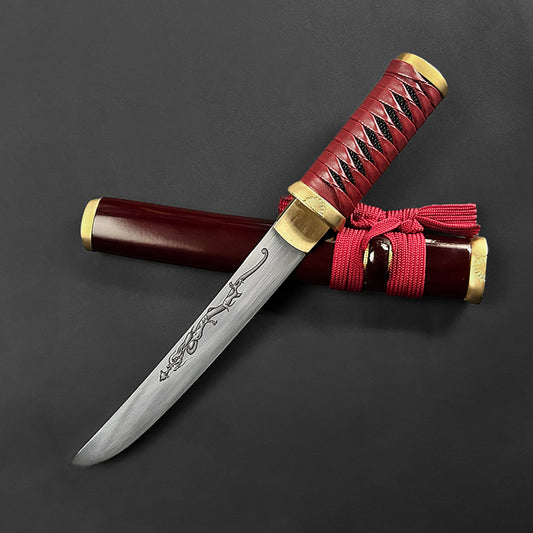 Asuka Tanto - 13.75" Hand forged tanto w/ burgundy wood scabbard.