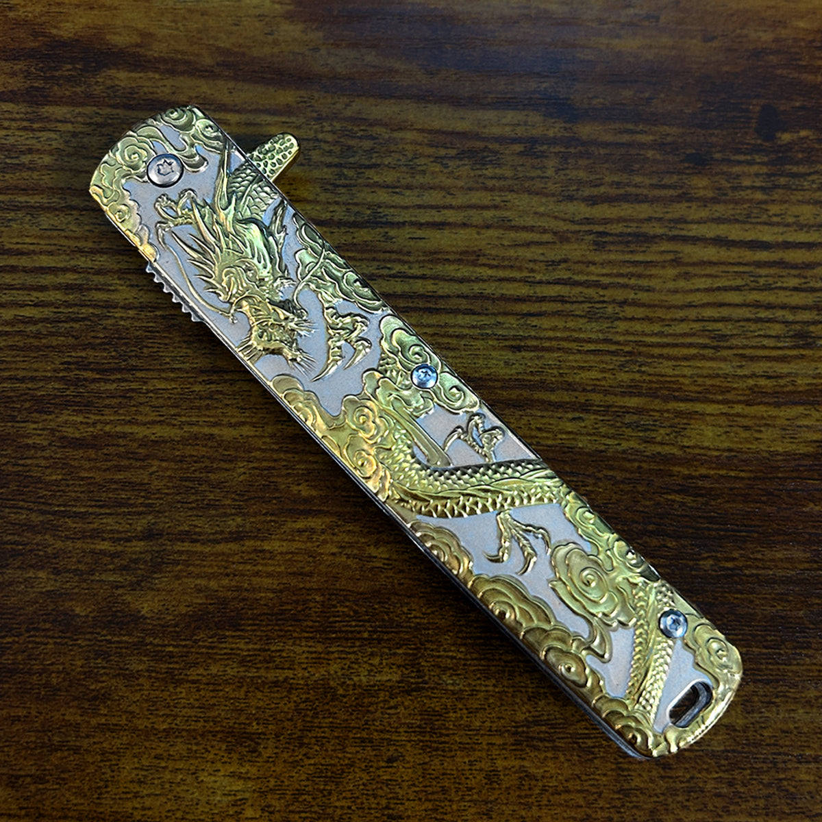 Falcon Dragon Engraved Gold Spring Assisted Pocket Knife