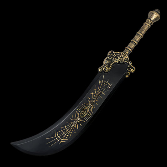 A 41-inch long black foam sword with gold-colored decorative elements, including intricate patterns and an ornate handle.
