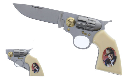 8" John Wayne Photo on Handle Gun Style Folding Knife