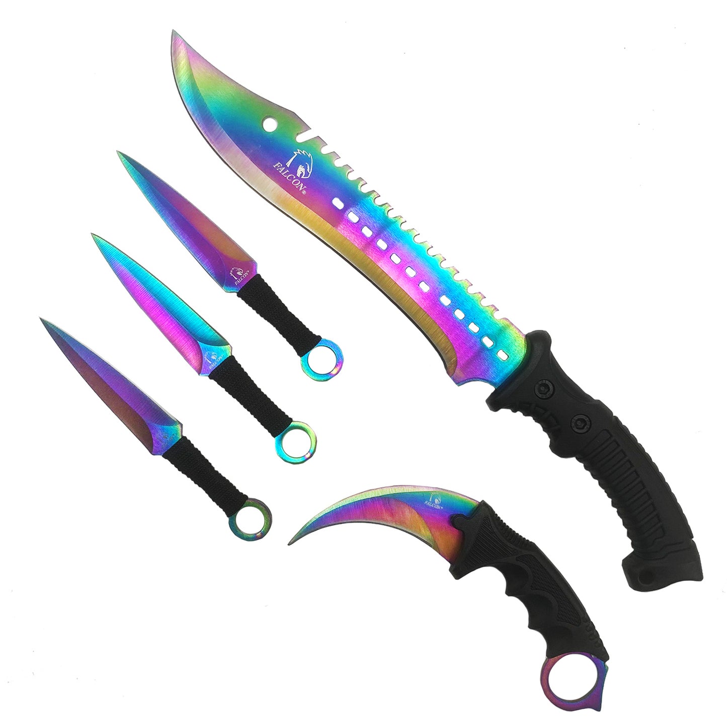 Falcon 5 Pieces Rainbow Hunting Set (Machete, Karambit, Throwing Knives.)