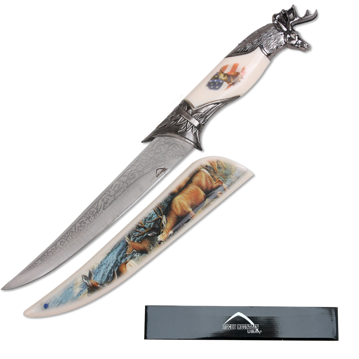 13 1/2" Deer USA Flag Handle and Cover Fantasy Dagger