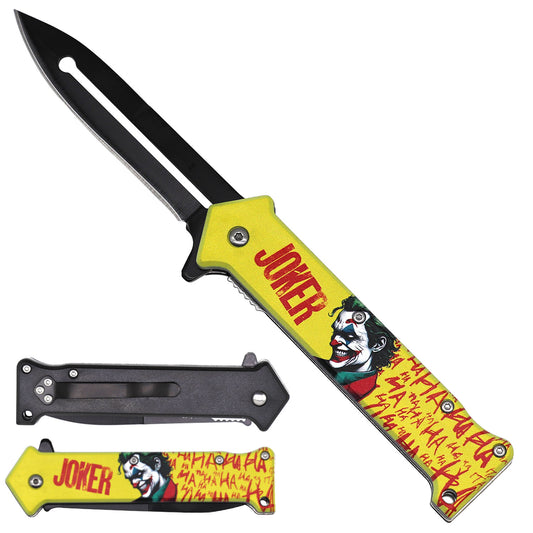 Evil Villain Clown Yellow Handle Spring Assisted Pocket Knife