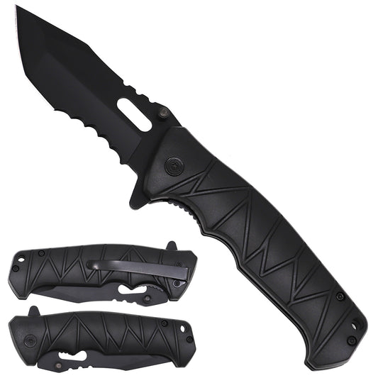 8" Black Spring Assisted Pocket Knife - Plastic Handle