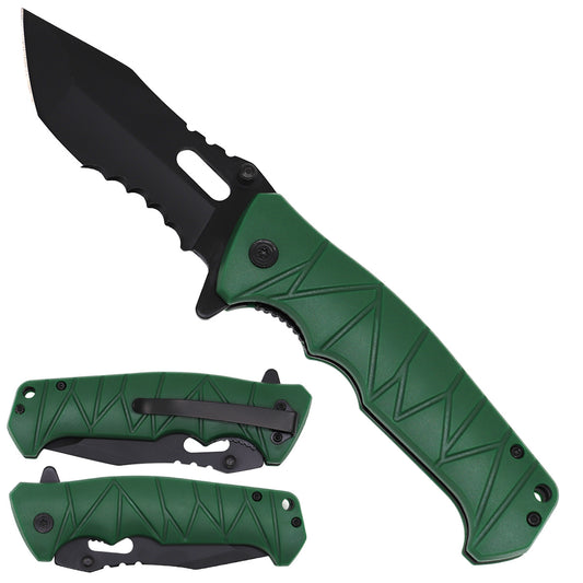 8" Green Spring Assisted Pocket Knife - Plastic Handle