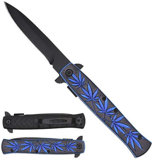 Blue Marijuana Handle Spring Assisted Knife - 3 1/2" Black Blade