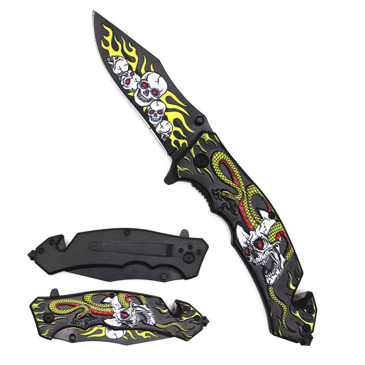8" Spring Assisted Pocket Knife Yellow Snake, Skull Handle.