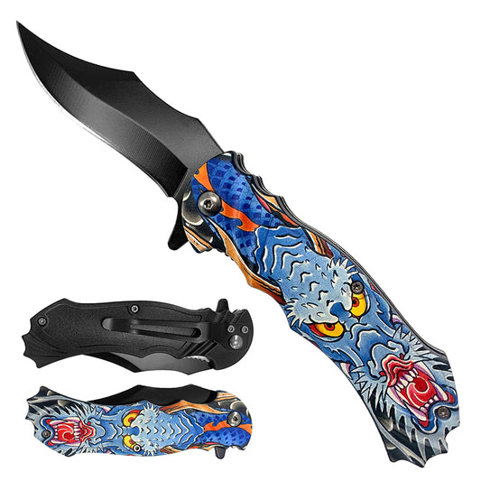 7 3/4" Blue Dragon Handle Spring Assisted Pocket Knife