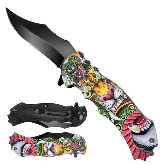7 3/4" Tiger Handle Spring Assisted Pocket Knife