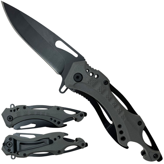 Spring Assisted Gray Pocket Knife - Bottle Opener Handle