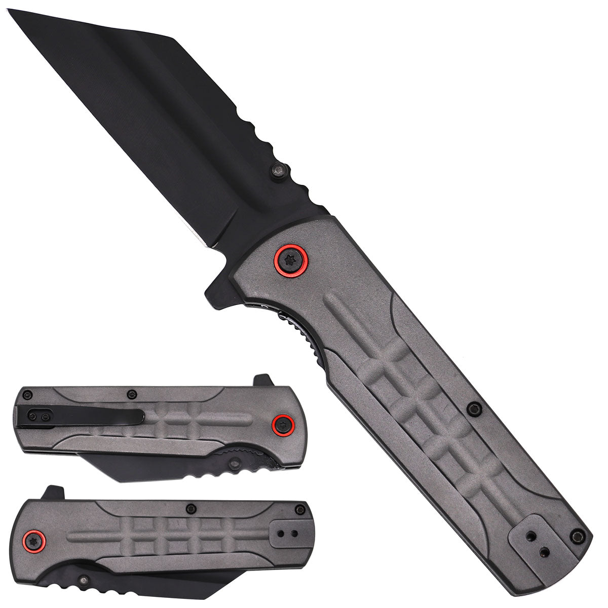 Gray Spring Assisted Pocket Knife Textured Handle