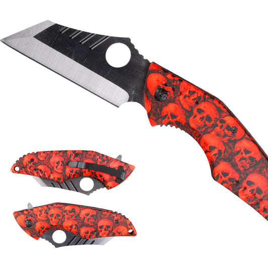 3 12" Blade Spring Assisted Knife with red skull alum handle