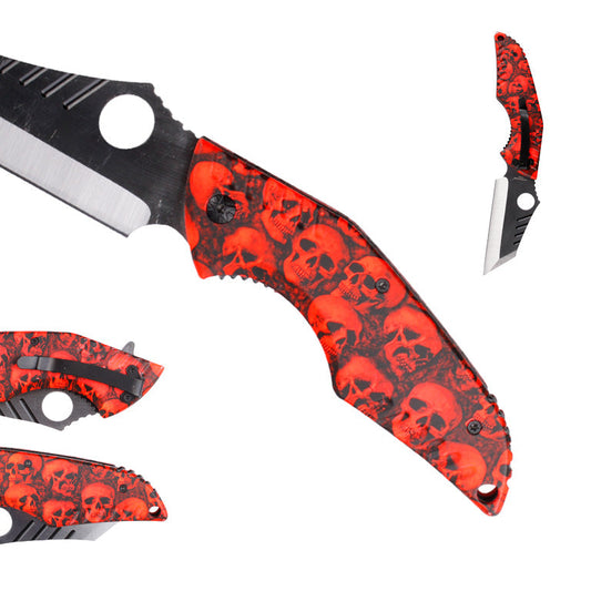 3 12" Blade Spring Assisted Knife with red skull alum handle