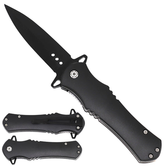 Spring Assisted Pocket Knife / Double Edge Blade / 4.75" ABS Black Handle