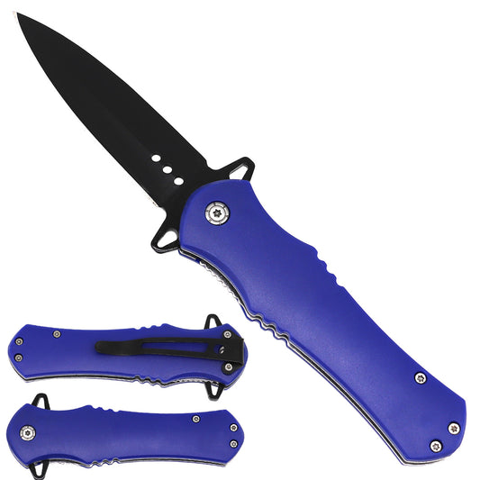 Spring Assisted Pocket Knife / Double Edge Blade / 4.75" ABS Navy Blue Handle