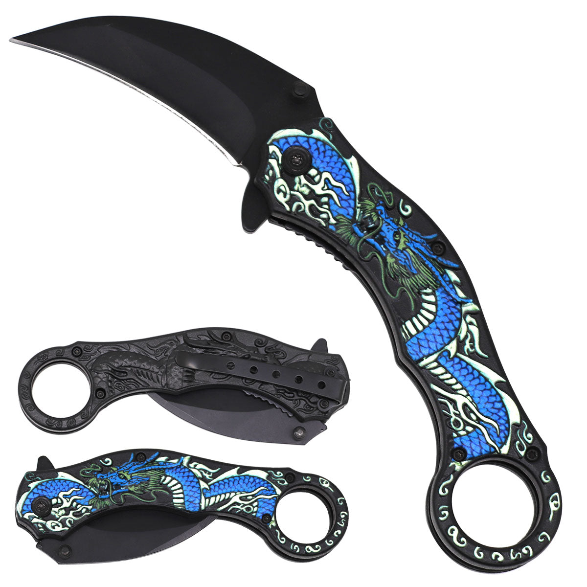 3" Black Blade / Blue Dragon Handle / Assisted Knife