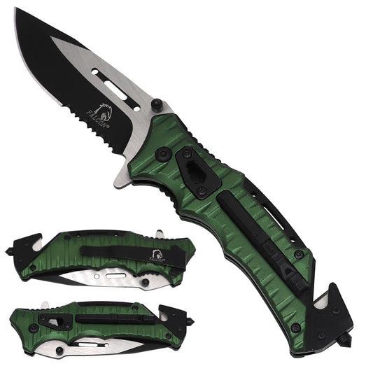 Serrated Spring-Assisted Knife with Fire Starter & Whistle – KS2201GN