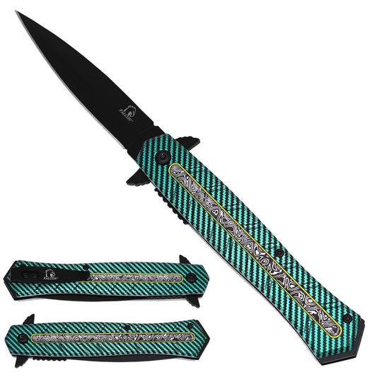 Falcon KS2338-2 spring-assisted knife with black 3.75-inch 440 stainless-steel blade and 5-inch 3D-design aluminum handle