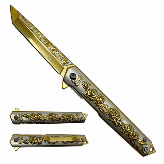 Falcon Knife - Gold Rose Engraving on Handle EDC Pocket Knife