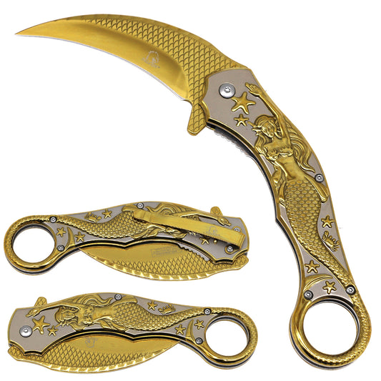 Falcon Gold Mermaid Spring Assisted Karambit Knife