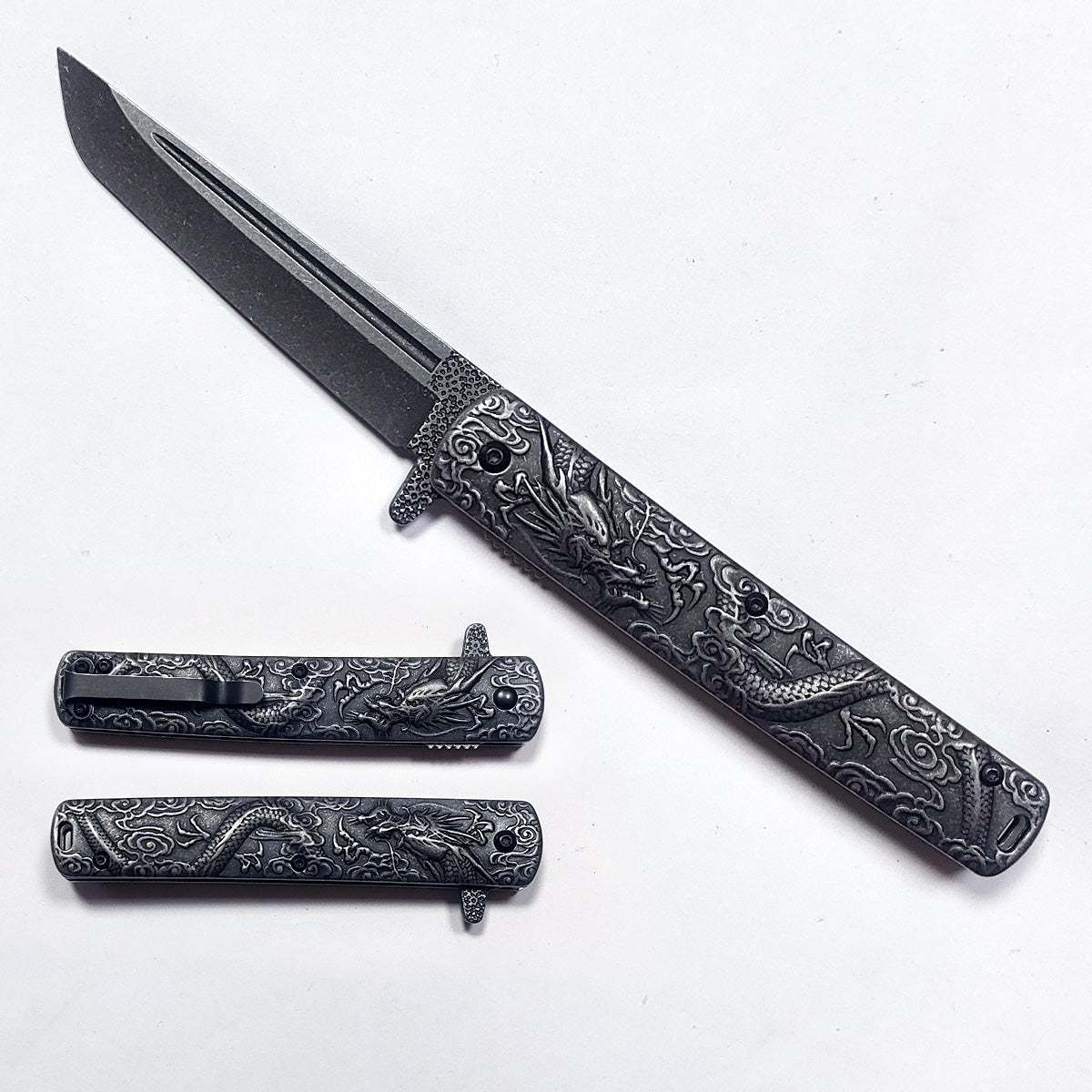 Falcon Dragon Engraved Black Spring Assisted Pocket Knife