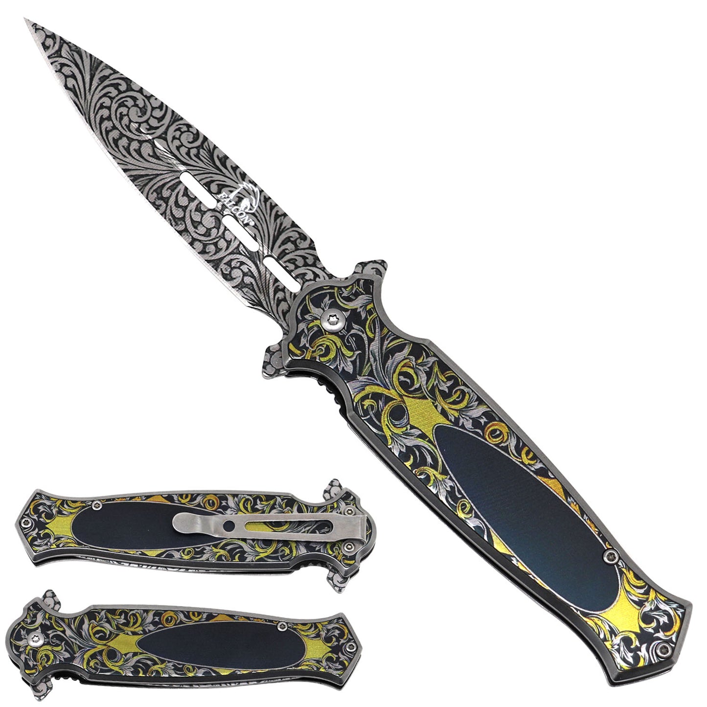 Falcon Spring Assisted Pocket Knife - Patterns on Handle