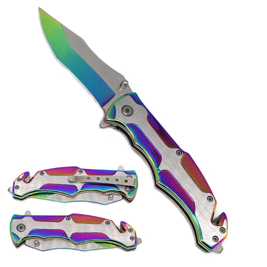 Silver & Rainbow Spring Assisted Pocket Knife