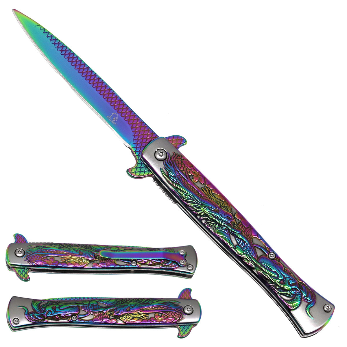 5" relief dragon steel handle / Rainbow titanium
