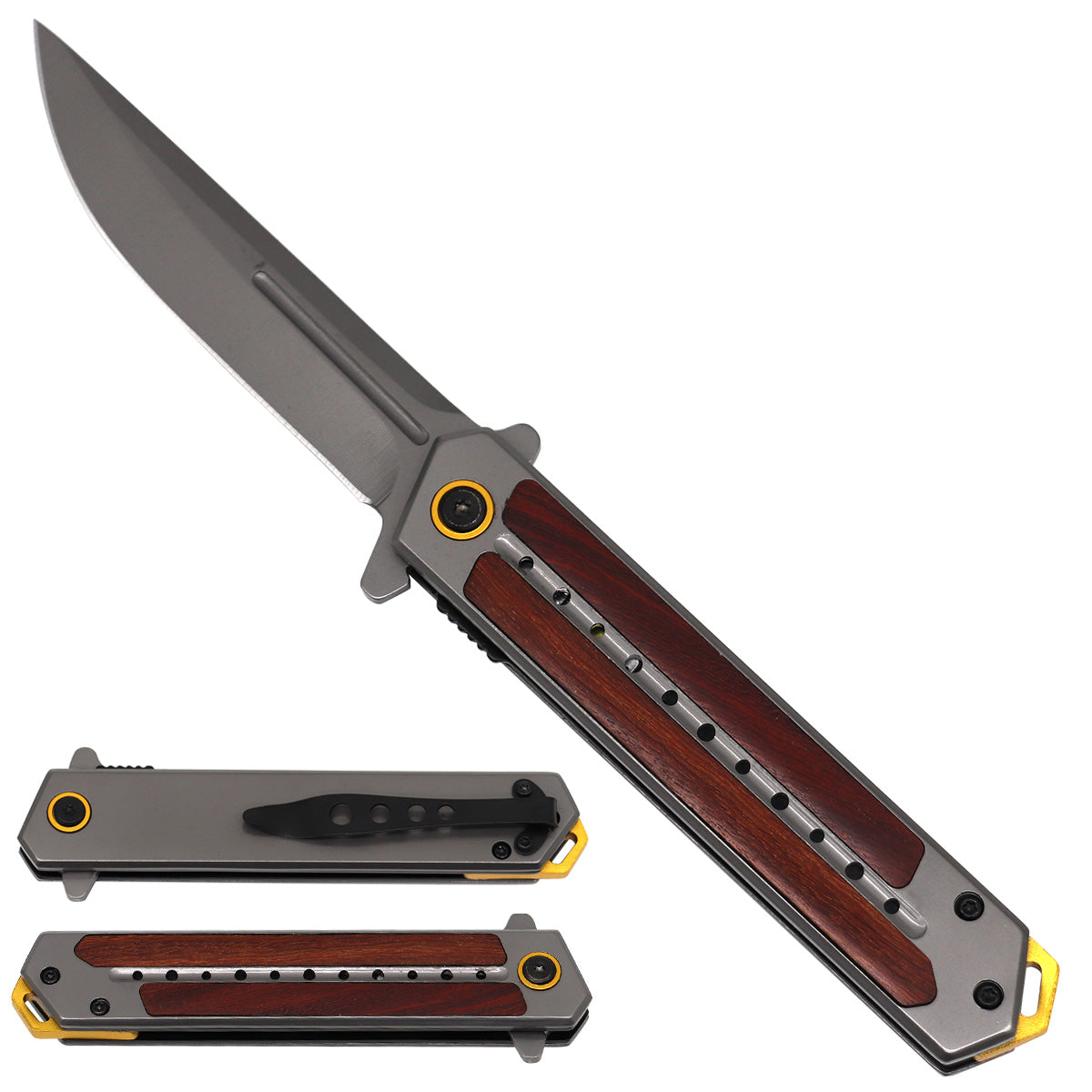 Spring Assisted Pocket Knife - Wooden Handle & Gray