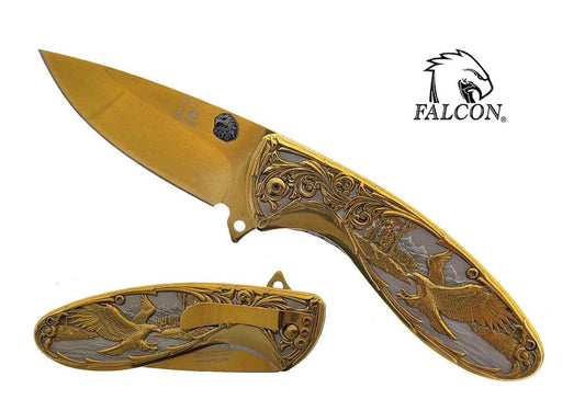 3" Gold Blade / 7" Gold Flower Eagle Handle / Assisted Knife
