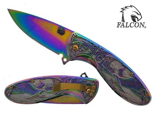 3" Rainbow Blade / 7" Rainbow Flower Eagle Handle / Assisted Knife