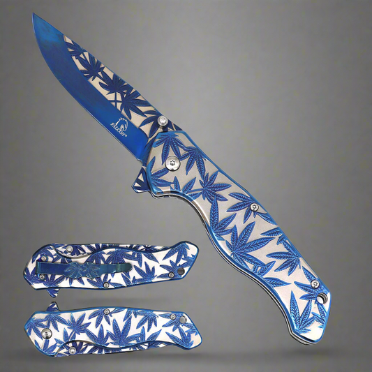 8" Overall Knife w Blue Marijuana Design