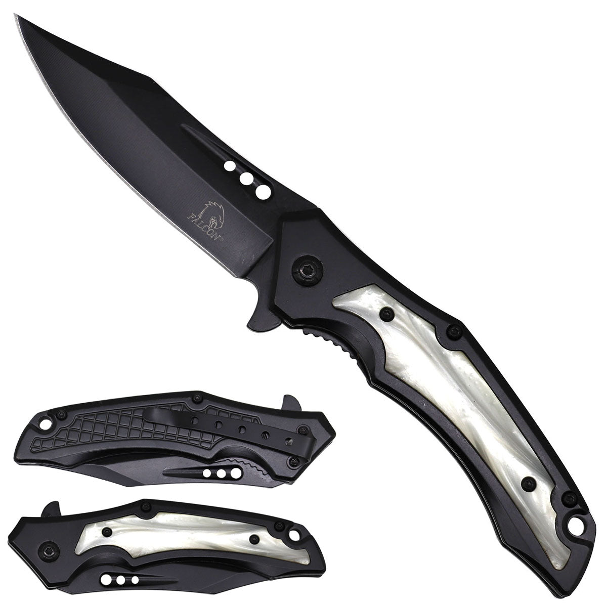 Falcon Spring Assisted Pocket Knife - Black Blade & White Handle