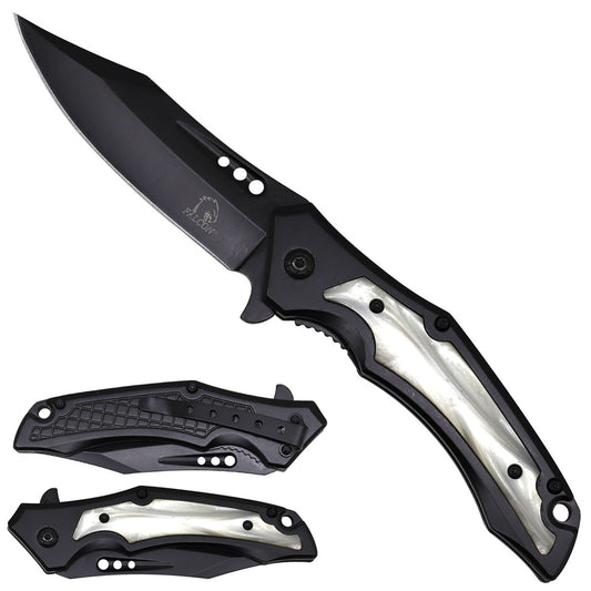 Falcon Spring Assisted Pocket Knife - Black Blade & White Handle