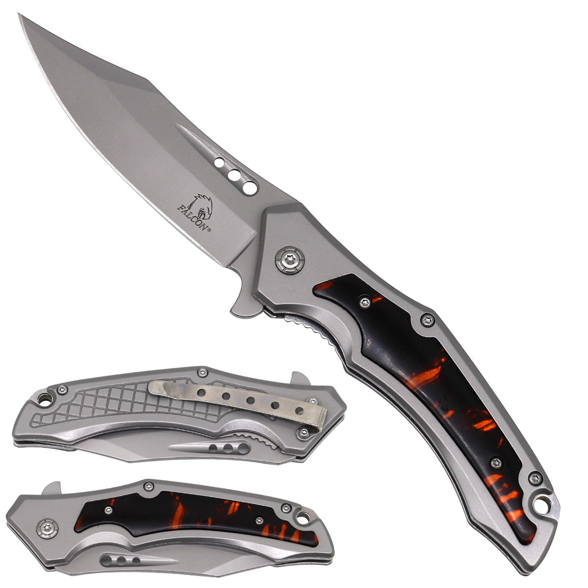 Falcon Black & Red on Chrome Handle Pocket Knife