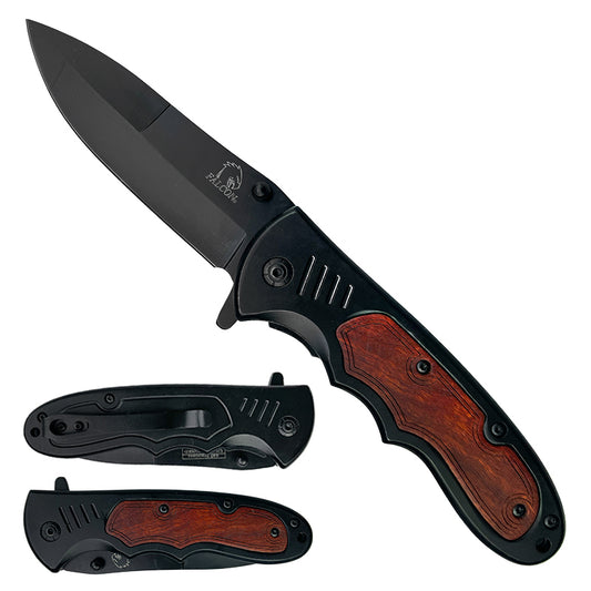 Falcon Semi Automatic Pocket Knife Black Blade Wooden Handle