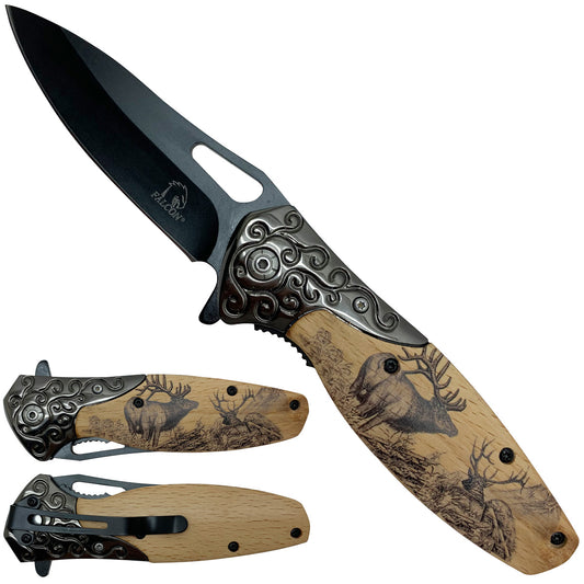 Falcon Spring Assisted Pocket Knives - Deer Wooden Handl