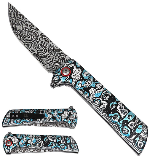 Spring-assisted folding knife with 3D Damascus-pattern blade and black steel handle, SKU KS4045DM-2