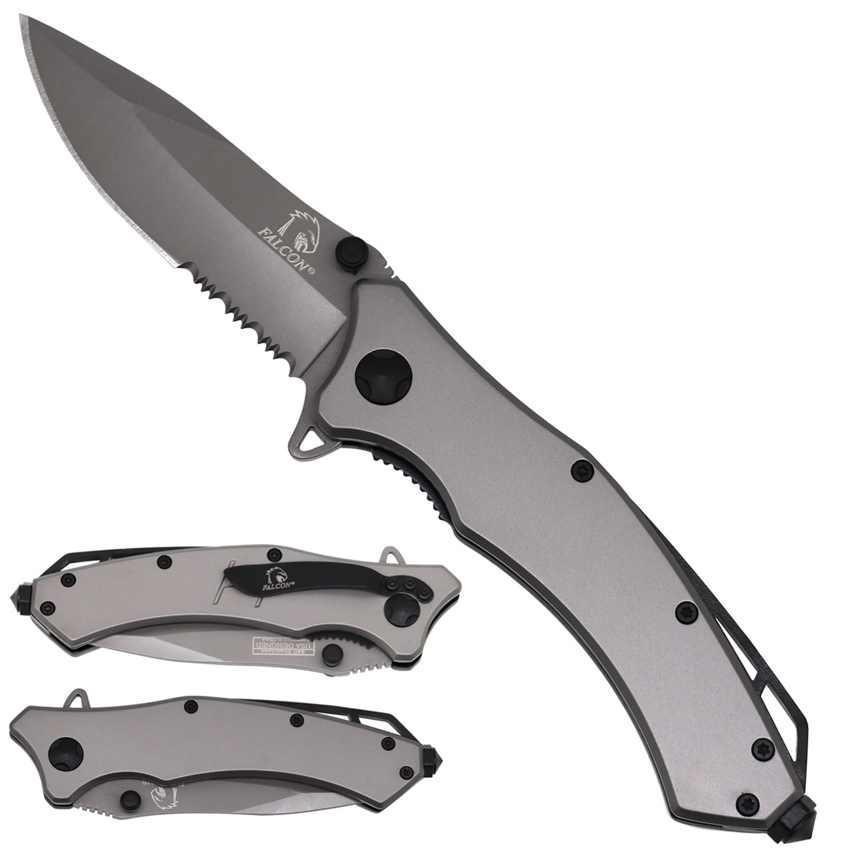 Falcon Gray Spring Assisted Pocket Knife - Half Serrated Blade