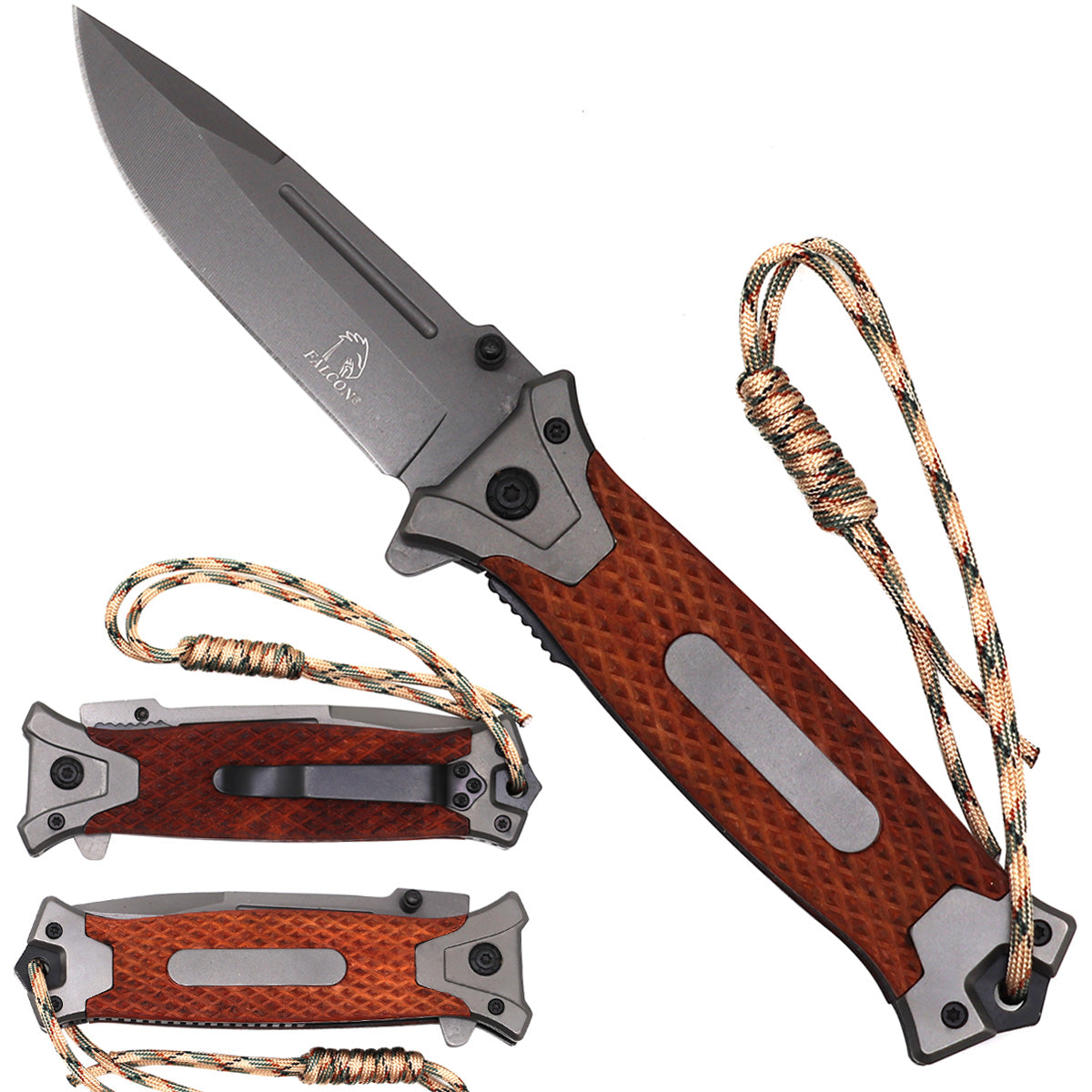 Falcon Knives - Titanium Inlaid Wooden Handle Spring Assisted Pocket Knife