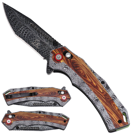 Falcon Black & White Wood Pattern Axis Lock Pocket Knife