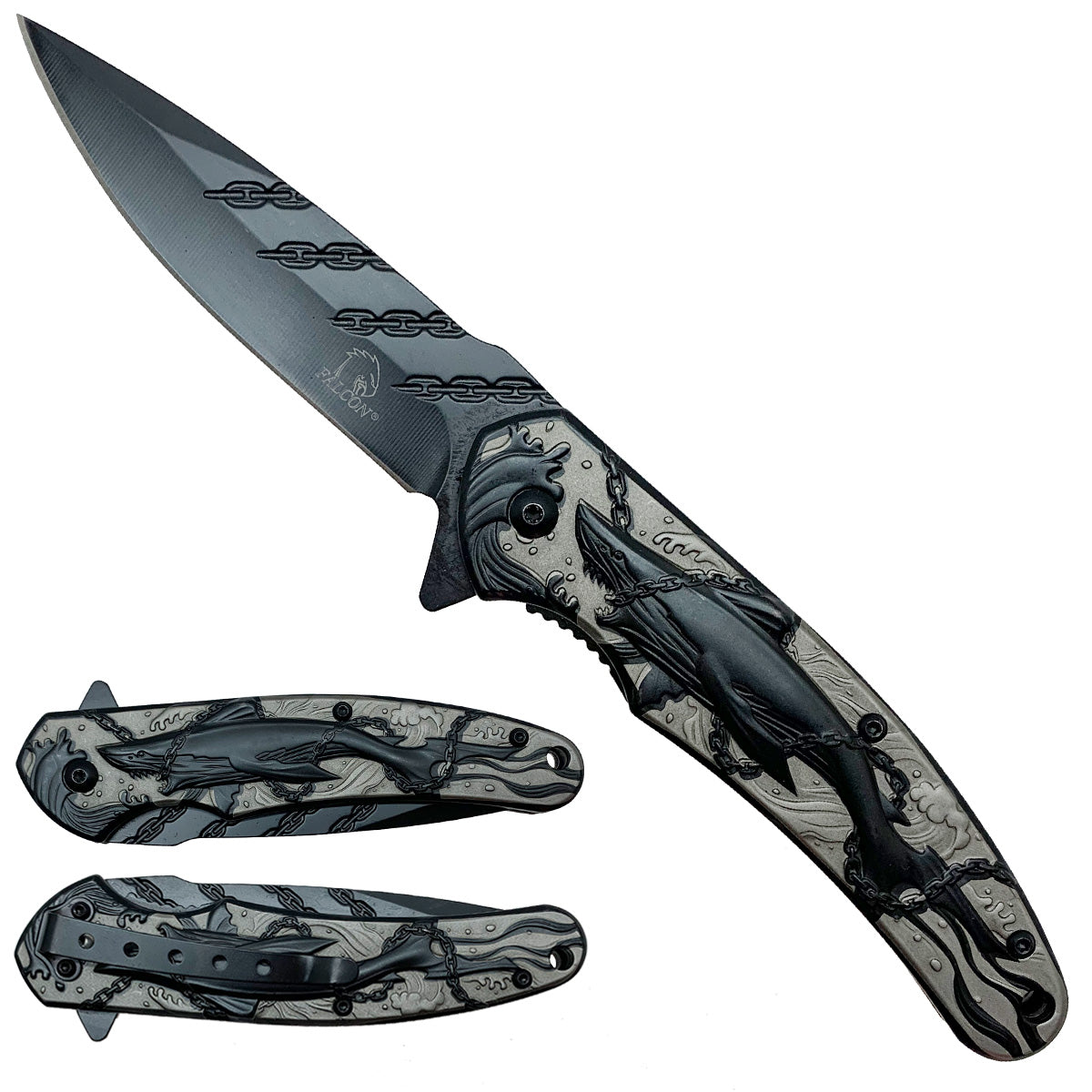 Falcon Knives - Shark & Chains Black Pocket Knife