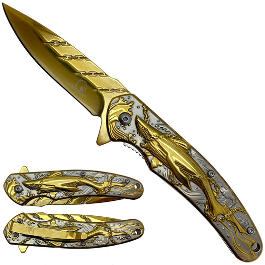 Falcon Knives - Shark & Chains Gold Pocket Knife