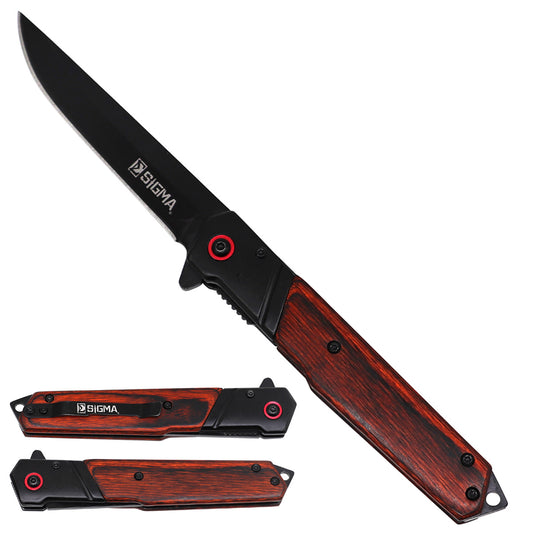 Folding knife with black blade and red accents on a white background