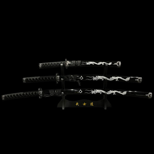 3Pcs Samurai Sword Set - Katana, Wakizashi and Tanto with Stand