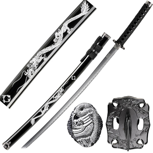 Samurai Sword with Black Dragon Scabbard with Stand