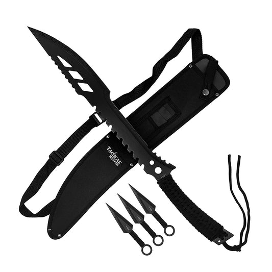 26" Black Machete w 3 Throwing Knives