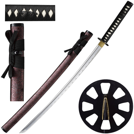 39.5-inch hand-forged 1045 steel samurai sword with burgundy scabbard, SKU SS326PP