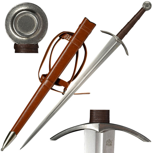 Hand-Forged 1060 Steel Medieval Sword with Brown Scabbard | SSM017BR