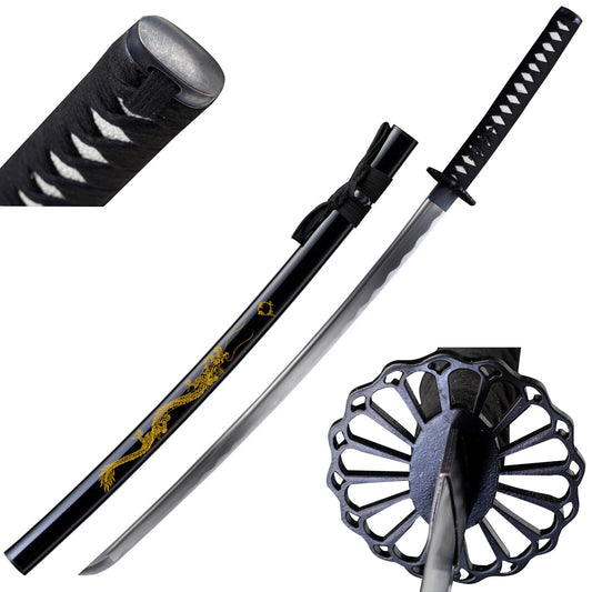 41-inch 1045 steel samurai sword with black scabbard and golden dragon artwork, SKU SSP101BK-DG